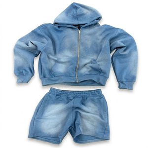 Conjunto de Sudadera con Capucha y Pantalones Cortos Azul Cielo con Lavado Ácido para Hombre, de Alta Demanda, con Logotipo Personalizado, Chándal Oversize con Cremallera, Traje Casual de Dos Piezas, Ropa Urbana - Product Image 1