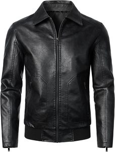 <b>Men</b> Black PU <b>Leather</b> Moto Biker <b>Jacket</b> Zipper Front Turn-down Collar Windproof Regular Sleeve Slim Fit Autumn Style - Product Image 1
