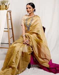 Sari en coton et soie Khadi KV Luminous Golden & Pink avec blouse non cousue - Product Image 5