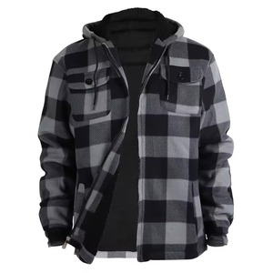 Boomletcorp Custom Casual Hooded Winter Fleece <b>Jacket</b> Men Oversized <b>Flannel</b> Plaid Regular Sleeve Canvas Fabric Zipper Quick Dry - Product Image 2