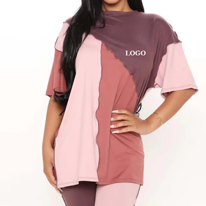 Ensemble de t-shirts pour femmes à manches courtes, coupe ample, couleur contrastée, col rond, respirant, tricoté, avec design à panneaux, à porter en toutes saisons - Product Image 1