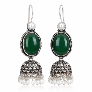 Handmade Oxidized <b>Silver</b> Green Oval Stone Pearl Drop Jhumka <b>Earrings</b> - Product Image 2