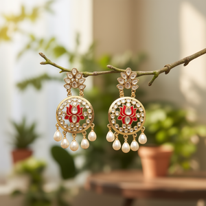 Pearl and Kundan Studded <b>Red</b> Enameled Chandbali <b>Earrings</b> - Product Image 3