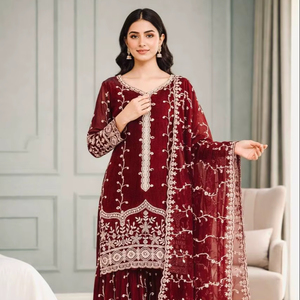 Traje Sharara de Lujo con Bordado Zari Plateado, Conjunto de 3 Piezas, Diseño de Alta Costura para Novias, Salwar Kameez con Lentejuelas, Ideal para Fiestas de Invierno, Estilo Bollywood - Product Image 1