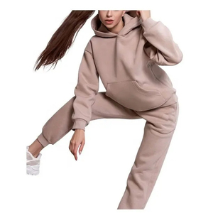 Ensemble de survêtement en molleton à capuche pour femme, couleur unie, coupe décontractée, 2 pièces, longueur intégrale, 100% coton - Product Image 4