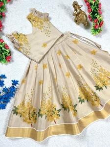 Elegant Look <b>Tissue</b> Silk with Printed Flower & Broad Golden Zari Border Pattu Pavadai Manufacturer from India At Wholesale Rate - Product Image 3