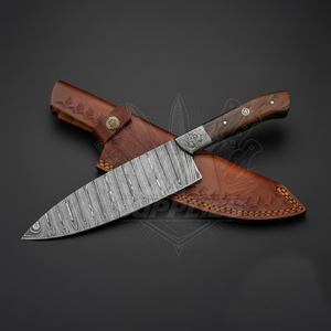 Couteau de chef en acier Damas forgé à la main, manche en bois de rose 12, style moderne, ambidextre, finition brossée, étui en cuir, 60+/-2 HRC - Product Image 1