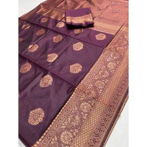 FASHIONABLE SUAVE LICHI SEDA JACQUARD TRABAJO TEJIDO SAREE CON BLUSA DESCOSADA MARRÓN - Product Image 1