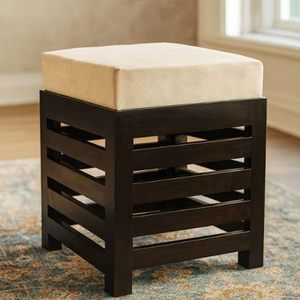 Wooden Ottoman <b>Stool</b> with Cushioned Seat | Modern Square Footrest Pouffe for Living Room <b>Bedroom</b> | Solid Wood Accent <b>Stool</b> - Product Image 1