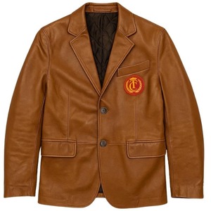 Men's Genuine Leather Blazer <b>Jacket</b> With Badge <b>Smart</b> Casual Autumn Wear Brown Color Turn-down Collar Single Button Design - Product Image 2