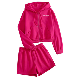 Ensemble tendance pull court et short pour femme, style streetwear, short taille haute, esthétique Y2K, sweat à capuche zippé pour femme - Product Image 2