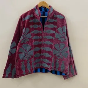 Unisex Vintage Style Handcrafted Velvet Cotton Jacket Mandarin Collar Front Open Autumn Winter <b>Coat</b> Floral Embroidery <b>Maroon</b> - Product Image 1