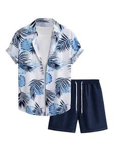 Conjunto de dos piezas con estampado de hojas azules tropicales para hombre, camisa de manga corta con botones y pantalones cortos con cintura elástica, conjunto ligero de playa para verano - Product Image 6
