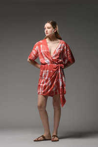 Women’s Red Tie Dye Wrap <b>Dress</b> Short Sleeve V Neck Mini <b>Dress</b> Casual <b>Summer</b> <b>Boho</b> Style Lightweight <b>Dress</b> - Product Image 3