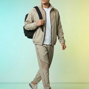 Men's Beige Color Blocking <b>Tracksuit</b> Set Full Zipper Crew Neck Casual Summer Wear Regular Fit 100% Polyester Breathable - Product Image 2