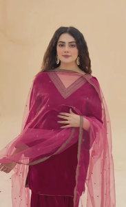SADIA AUN HUTE COUTURE Women's Velvet Cotton Salwar Kameez Set <b>Maroon</b> Pink Dupatta Casual India Pakistan Style Regular Fit - Product Image 3