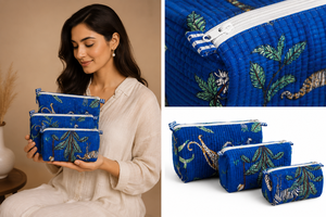 Cotton Quilted Bohemian Eco-Friendly Cosmetic Bag Set 3Pcs Blue Animal Palm Print Zipper <b>Makeup</b> Pouch Travel for Bags - Product Image 4