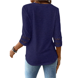 Chemise décontractée pour femmes à manches longues et col rond, coupe ajustée, avec bordure en dentelle, pour un usage quotidien, en polyester/coton - Product Image 2