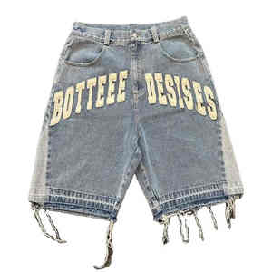 Custom Streetwear Heavyweight Cargo Denim <b>Shorts</b> for <b>Men</b> with Embroidered Patches Raw Hem & Distressed Cut Edge Wholesale - Product Image 1