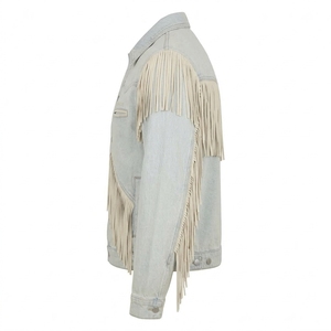 Veste en jean délavé personnalisée avec franges en daim et pompons, style western, fabricant OEM ODM, manteau unisexe sur mesure pour camionneur - Product Image 4
