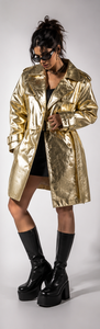 Women’s Oversized Real <b>Leather</b> Trench Coat – Premium Metallic Gold Luxury <b>Leather</b> <b>Jacket</b> with Belt | Custom OEM Manufacturer - Product Image 3