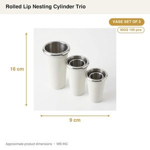 Ensemble de 3 vases cylindriques en aluminium blanc cassé faits à la main, 9 cm, à rebord roulé, emboîtables, pour la décoration intérieure, les hôtels et les mariages - Product Image 4