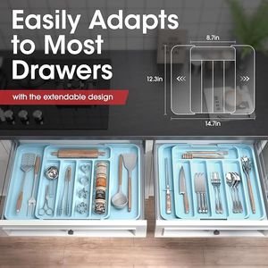 Organizzatore per posate regolabile ed espandibile, vassoio da cucina multiuso per forchette e coltelli, organizer per cassetti - Product Image 3