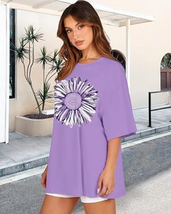 T-shirt décontracté en jersey de coton à manches courtes et col rond pour femme, imprimé floral violet, coupe ample, printemps-été - Product Image 5