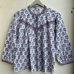 Blusa con botones y estampado de bloques florales para mujer y Blusa de algodón para viajes - Product Image 1