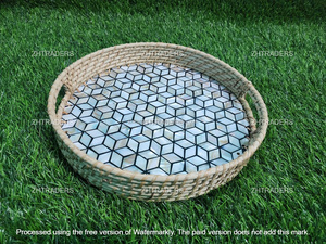 Elegante juego de bandejas redondas de ratán con incrustaciones de concha de nácar, trabajo artístico hecho a mano para uso en el hogar, cafetería y hotel - Product Image 2