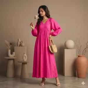 Women Fuchsia Plain Cotton Linen Maxi <b>Dress</b> With V-Neck <b>Loose</b> Fit Full Puff Sleeve Summer Casual <b>Dress</b> For Women - Product Image 2