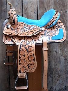 Selle de barrel racing occidentale haut de gamme peinte à la main en cuir véritable, équipement équestre personnalisé à motifs floraux, Inde A.T. - Product Image 3