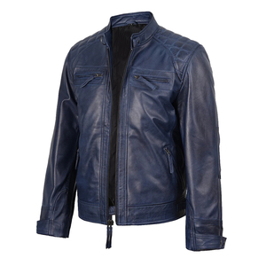 <b>Men's</b> Blue Genuine <b>Leather</b> Moto <b>Jacket</b> Stand Collar Zipper Closure Slim Fit Autumn Wear Motorbike Style Biker <b>Jackets</b> - Product Image 3