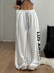 Pantalones Jogger de Mujer de Verano, Estilo Casual Urbano, con Ribetes en Contraste y Gráficos, Blancos, de Pierna Ancha, Cintura Media y Frente Plano - Product Image 6