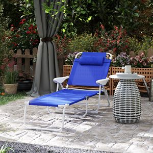 Blue Folding Chaise Lounge 4-Position <b>Reclining</b> Back Armrests Outdoor Sun Tanning Chair with Removable Pillow - Product Image 2