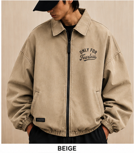 Men's Olive Green Bomber <b>Jacket</b> Turn-down Collar Zipper Front Embroidery Casual Loose Fit Autumn Style - Product Image 3