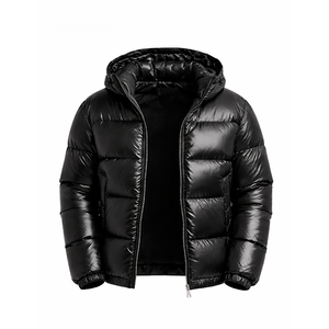 Veste matelassée brillante pour homme, à capuche, épaisse, style doudoune, légère, chaude, imperméable, noire - Product Image 3