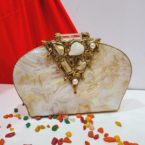Indian Handcrafted Mother Of <b>Pearl</b> Evening <b>Clutch</b> With Organic Gemstone Accent Luxury Bridal Party Statement Bag - Product Image 1