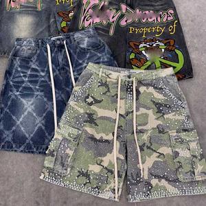 Jorts Manufacturer Custom Embroidery Rhinestone <b>Applique</b> Distressed Streetwear Acid Wash Solid Hip Hop Men Mid Baggy Denim - Product Image 4