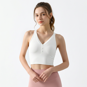 Sujetador deportivo con cuello en V y espalda cruzada para mujer, con botones, transpirable, top de yoga, soporte medio, color blanco liso - Product Image 6