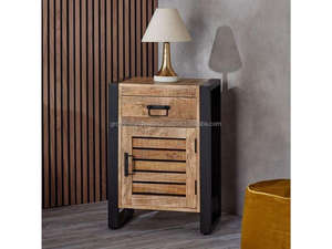 Mesa de Noche Industrial de Madera de Mango con Estructura Metálica, Mesita de Noche de Madera con Cajón y Puerta, Mueble Auxiliar para Dormitorio - Product Image 5
