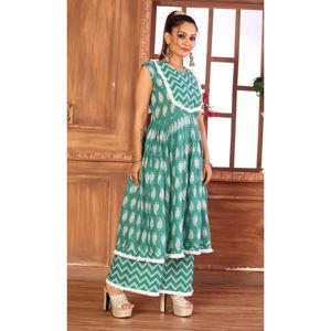 COTON CRÉATEUR IMPRIMÉ KURTI AVEC PALAZZO VERT MER - Product Image 5