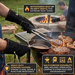 Gants de soudage en cuir de vachette renforcé, gants de sécurité industrielle, protection personnelle, lutte contre les incendies, barbecue, grillades - Product Image 3