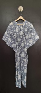 Handcrafted Cotton <b>Kaftan</b> Dress with Jaipuri Floral Block Print Elegant Grey and White <b>Summer</b> Loungewear V-Neck Maxi Dress - Product Image 3