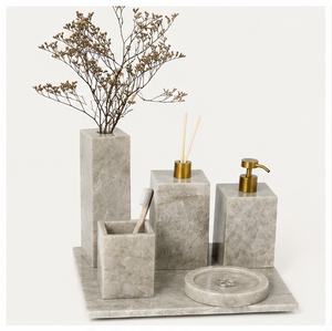 Luxury Grey Marble Bathroom Accessories Set Handcrafted Modern Organizer with Liquid <b>Soap</b> Dispenser Tray and Toothbrush <b>Holder</b> - Product Image 3