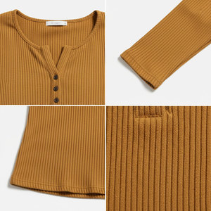 Chemise côtelée Henley à manches longues pour femme, col à revers boutonné, coupe ajustée, tricot extensible, vente en gros OEM en usine - Product Image 5