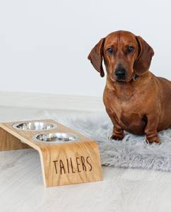 Support surélevé pour gamelles d'animaux en bois de chêne et noyer, mangeoire arquée avec double gamelle en acier inoxydable, gravure personnalisée, OEM Vietnam - Product Image 6