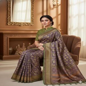 Sari de Seda Zarna Premium VASTRA COTTAGE con Vibrante Estampado Floral Digital, Elegante Borde Zari y Borlas Hechas a Mano - Product Image 2