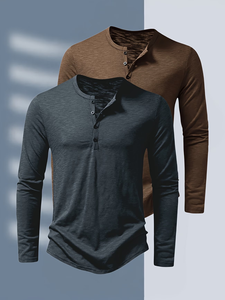 Men's Long Sleeve Henley T-Shirt Solid Color Knitted Slim Fit Casual O-Neck Button-Up Dark Gray Brown 100% Cotton Bangladesh - Product Image 4