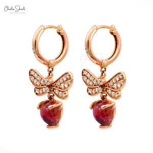 Pendientes colgantes de oro rosa macizo de 14 quilates con turmalina rosa genuina de 6,5 mm y pendientes de aro con cierre de bisagra de diamante blanco con claridad SI - Product Image 2